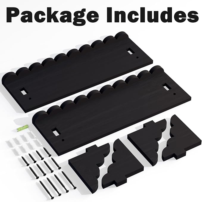 Scalloped Wood Wall Shelf – 17 Inch Floating Shelf with Wood Brackets, Easy to Install Rustic Wall Shelf for Living Room, Bedroom, Bathroom, or Any Space, Black Shelves