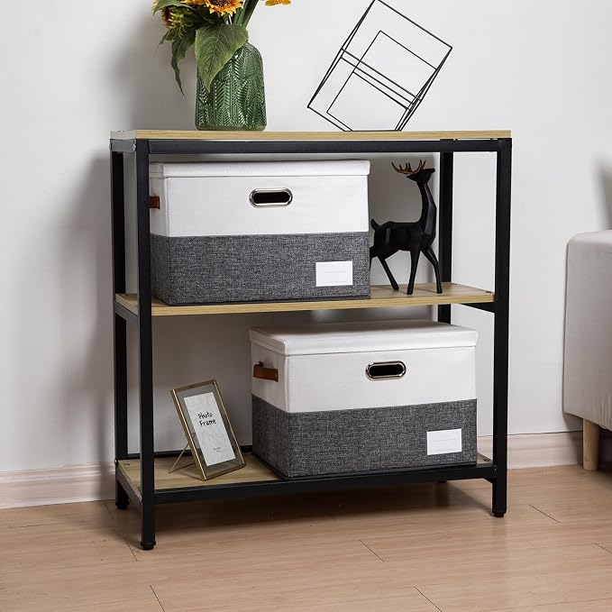 Foldable Storage Bins with Lids [3-Pack] Fabric Collapsible Storage Boxes Baskets Cubes Containers with Handles for Closet Living Room Bedroom (Grey & White 17.7x11.8x11.8'')