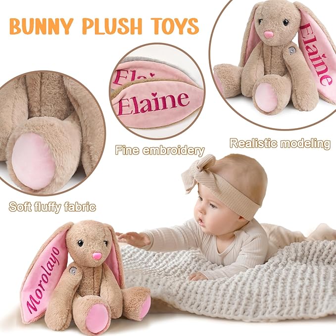 Customized Plush Bunny with Embroidered Name, Handmade Birthday Gifts for Toddlers Newborns & Kids, Personalized Stuffed Animal for Girls & Boys