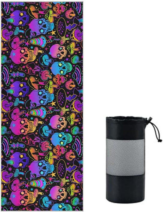 Colorful Skull Mushroom Yoga Towel, Non-Slip Hot Yoga Mat Towel Sweat Absorbent for Pilates and Workout 73 x 27 in