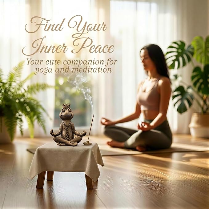 Meditating Zen Frog Statue Decor with Bonus Om Necklace - 5.8" Hand-Painted Resin Figurine - Yoga Room, Office Desk & Shelf Ornaments - Mindful Spiritual Gift for Women & Yoga Lovers（Gold）