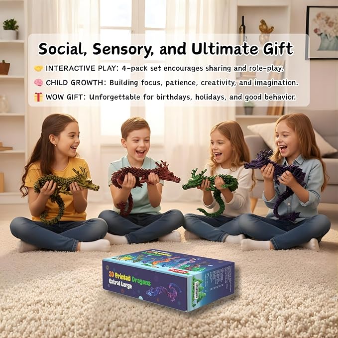 4-Pack Big 24 Inch 3D Printed Dragon Fidget Toy, Articulated Chinese Dragon Action Figure with Gift Box - Christmas Gift, Imaginative Play, Office Desk Decor & Collectible Figurine for Kids & Adults