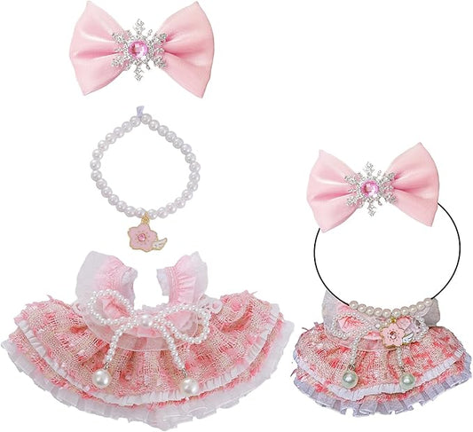 17cm Doll Clothes Set & Doll Outfit Set 3-Piece Handmade with Faux Pearl Bow, Necklace & Hair Accessory – Fit for 17cm Plush Dolls, Clothes Only