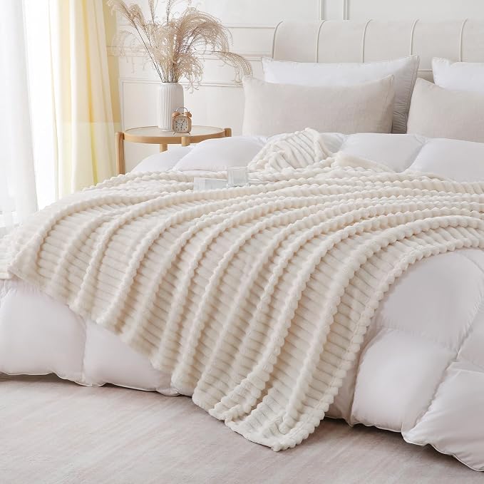Cream White Throw Blanket for Couch Sofa 50x60 inches Striped Design | Fleece Blankets Room Home Decor Lightweight Plush Soft Cozy Gifts for Women Mom