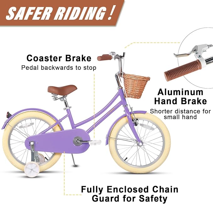 Glerc Little Molly 12-20 Inch Kids Retro Cruiser Bike for 2-13 Year Old with Wicker Basket & Training Wheels/Kickstand, Multiple Colors
