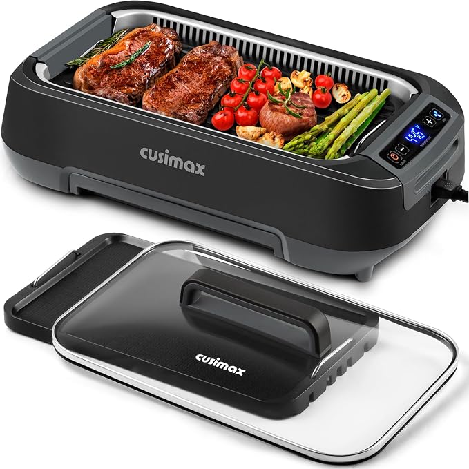 Smokeless Indoor Grill, CUSIMAX 1500W Electric Grill Korean BBQ Grill,Black | with Non-stick Removable Grill/Griddle Plates, Smart LED Display & Adjustable Temperature, Tempered Glass Lid, Easy Cleanup