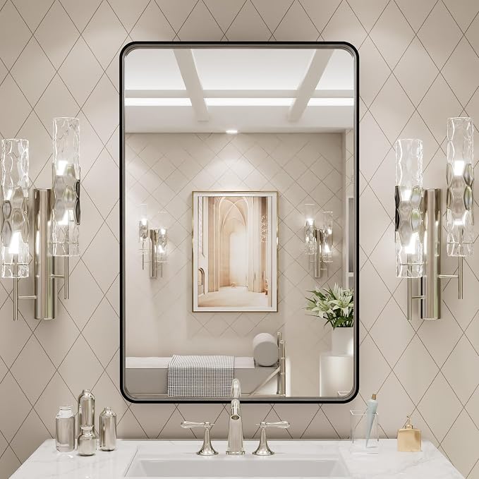 LOAAO 24X30 Inch Black Metal Framed Bathroom Mirror | Matte Black, Rounded Rectangle, Anti-Rust, Hangs Horizontally or Vertically