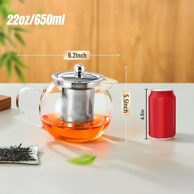 Baalaka Glass Teapot Stovetop 22 OZ/650ml, Tea pot with Removable 18/8 Stainless Steel Infuser, Borosilicate Clear Tea Kettle, Teapot Blooming and Loose Leaf Tea Maker Tea Brewer for Camping, Travel