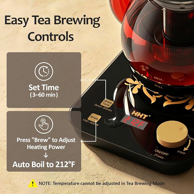 HHT Electric Tea Maker with Infuser, ±1℉ Precise Temperature Control, Glass Electric Kettle for Herbal,Flowers,Fruit Tea and Loose Leaf,BPA-Free,Auto Shut-Off,Brewing Program,Keep Warm,0.8L Black