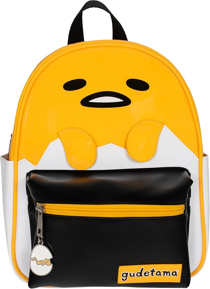 AI ACCESSORY INNOVATIONS Gudetama Big Face Mini Cosplay PU Backpack Purse, Sanrio Shoulder Bag with Epoxy Filled Metal Gudetama Charm, 10.5 Inch, Faux Leather