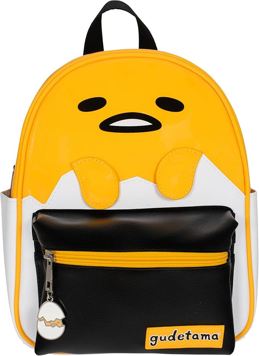 AI ACCESSORY INNOVATIONS Gudetama Big Face Mini Cosplay PU Backpack Purse, Sanrio Shoulder Bag with Epoxy Filled Metal Gudetama Charm, 10.5 Inch, Faux Leather