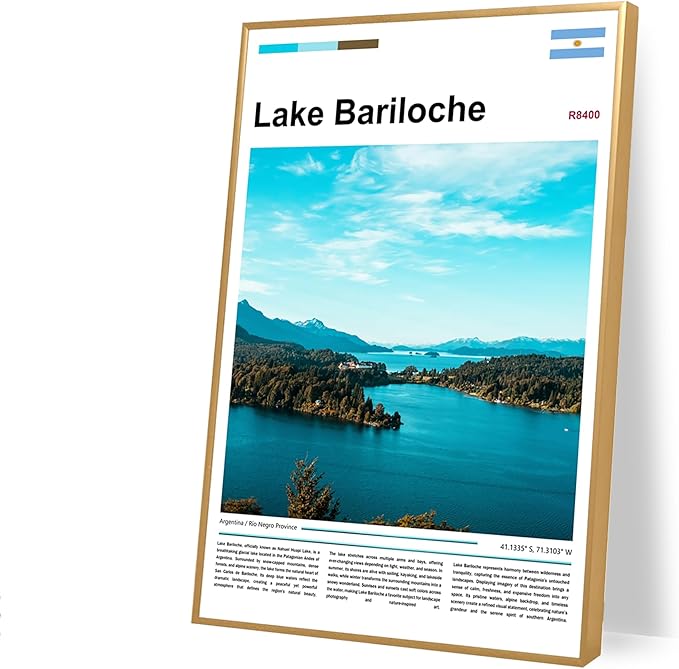 Poster Lake Bariloche Wall Art Original Design(24"x16" Metal Frame) Argentina Patagonia Landscape Print Andes Mountains Nature Scenery Nahuel Huapi Glacial View South America Travel Home Decor