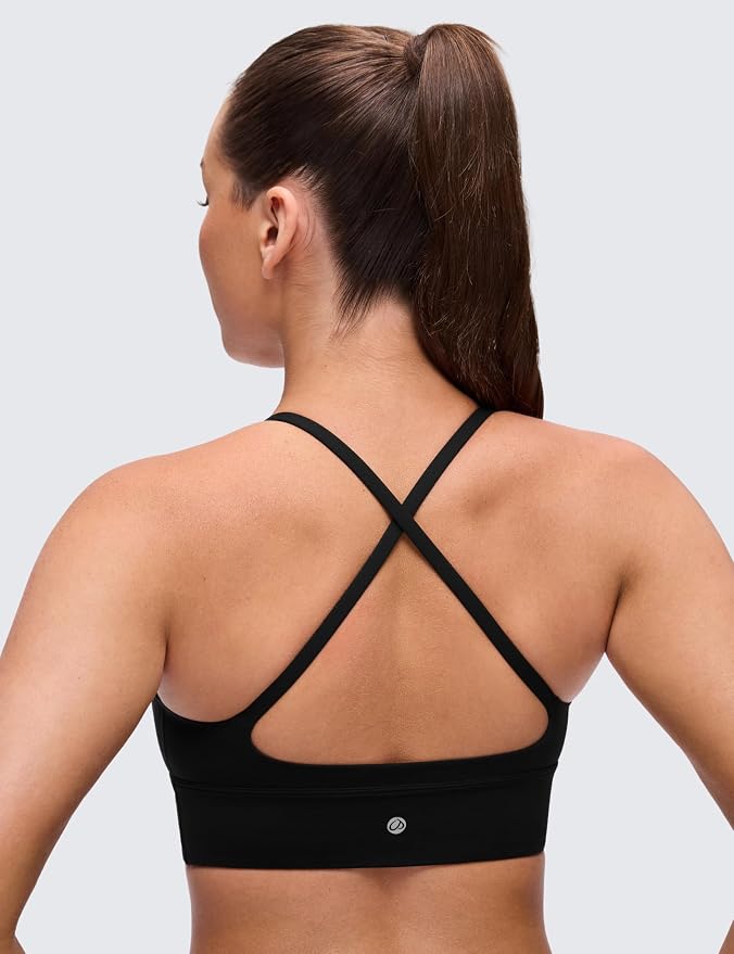 CRZ YOGA Butterluxe Thin Straps Cross Back Longline Sports Bras for Women - Padded V Neck Yoga Crop Top