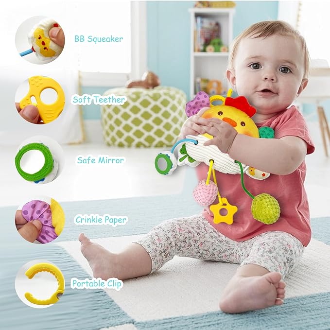 Baby Hanging Toys, Plush Animal Stuffed Sensory Toys for Carseat Stroller Car Seat Crib Play Gym, Baby Toys for 0 3 6 9 12 Months, Baby Boys and Girls Gift (Chick)