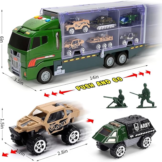 28 in 1 Army Toy Trucks with Sound and Light, Push and Go Military Car Carrier with 16 Soldiers, Gift for Boys, Toddlers, and Kids Ages 3+