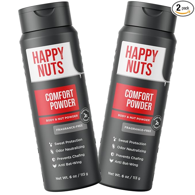HAPPY NUTS Comfort Powder Deodorant For Men: Anti-Chafing, Sweat and Odor Control for Jock Itch, Aluminum-Free, 6 oz (2 Pack), Fragrance-Free