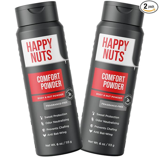 HAPPY NUTS Comfort Powder Deodorant For Men: Anti-Chafing, Sweat and Odor Control for Jock Itch, Aluminum-Free, 6 oz (2 Pack), Fragrance-Free