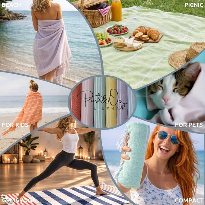 Park&Oz Turkish Beach Towel – Oversized 100% Cotton Quick-Dry & Sand-Free Blanket 72x40 – Ultra-Absorbent, Lightweight & Compact Pool Towel for Beach, Travel, Spa, Gym, Camping & Home (Charcoal)