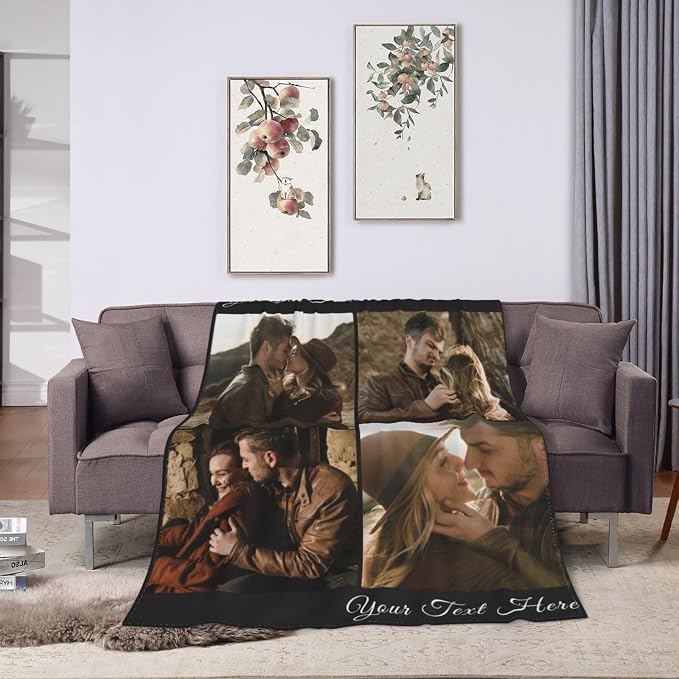Custom Blanket with Picture Text, Personalized 4 Photo Blanket, HD Printing Customized Flannel Throw Blanket Gifts for Mom Dad Couple Girlfriend Boyfriend Wife Husband Christmas