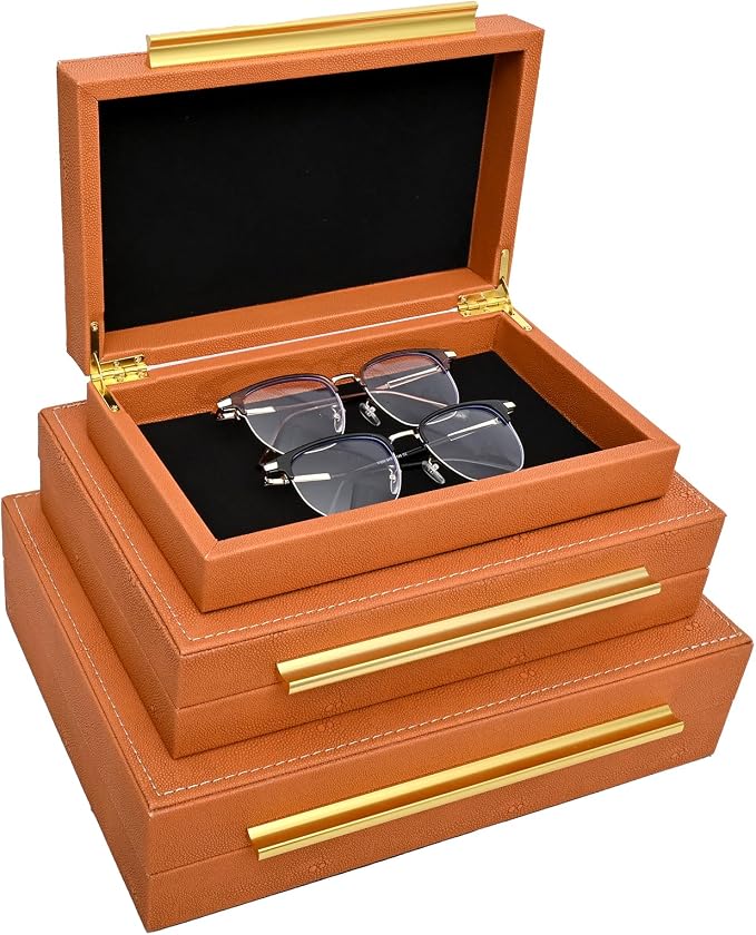 Faux Shagreen Stackable Decorative Velvet Lining Storage Boxes Set of 3 | Jewelry Organizers With Gold Metal Handles, Modern Burn Orange Box for Vanity, Entryway & Coffee Table Décor