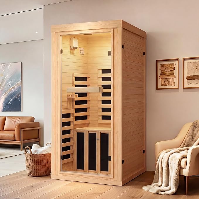 1 Person Infrared Dry Sauna, Canadian Hemlock Wood Indoor Home Spa Sauna Room with Speakers, Tempered Glass Door, 149°F Max, 32.3"x32.3"x61.6"