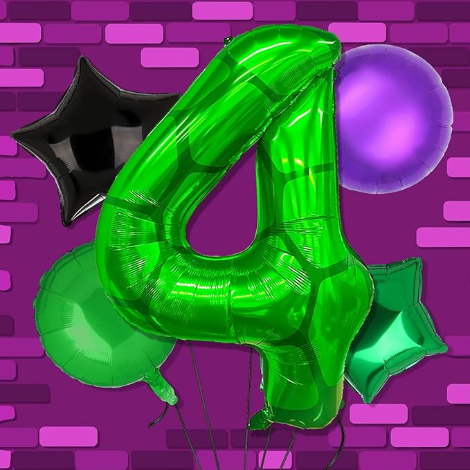5Pcs Cartoon Turtle Theme Birthday Decorations 40 Inch Number 4 Foil Balloons Super Green Turtle Themed Hero Large Mylar 4th Number Balloon Video Game Pizza Balloons Party Favors Purple