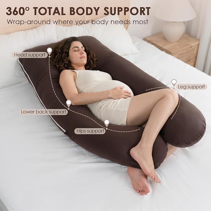 QUEEN ROSE U Shaped Pregnancy Pillow, Breathable Cotton Full Body Support for Maternity, Coffee