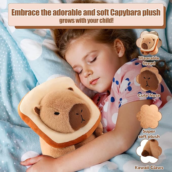12" Capybara Plush Toy Kawaii, Cute Capybara Stuffed Animal with Wearable Bread, Soft Plushies Doll Bread Pillow for Girls Boys Kids Adults, Birthday Decorations Gifts Toys