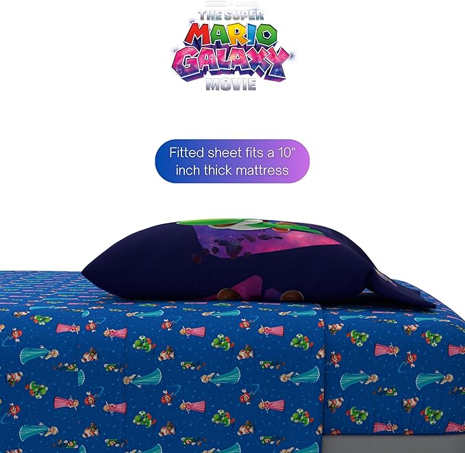 The Super Mario Galaxy Movie Bedding Set, Full Size 5 Piece Kids Super Soft Cozy Reversible Comforter and Sheet Set, (Officially Licensed Product) By Franco | Durable, Reversible, Officially Licensed
