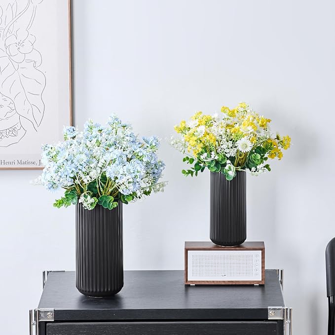 Black Ceramic Flower Vase for Pampas Grass, 8 inch Small Decorative Centerpiece Ribbed Vase for Dining Table, Office Desktop, Shelf Bookshelf, Mantel, Entryway, Bathroom, Countertop, Farmhouse, Gift