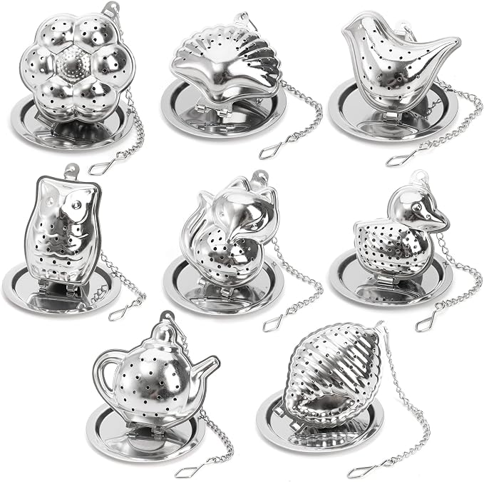 Elsjoy Set of 8 Loose Leaf Tea Infusers with Chain and 8 Drip Trays, 18/8 Stainless Steel Tea Balls Cute Tea Steepers, Mini Tea Strainer Tea Filter Set for Mugs, Tea Cups, Teapots, 16 Pcs