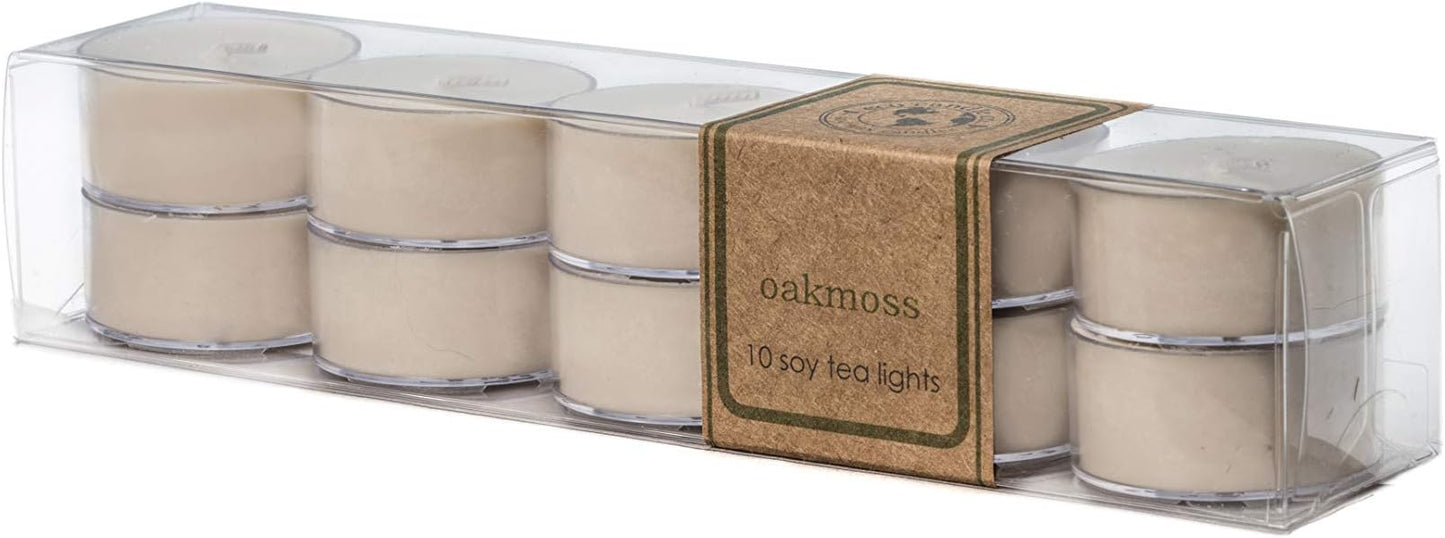 Eco Candle Co. Oakmoss Tea Light Candles, 10-Pack, 9 Hr Burn Time | Scents of Citrus, Floral, Oakmoss, & Patchouli, Recyclable, No Lead, Hand Poured, Made from Midwest Grown Soybeans, .6 oz. Ea
