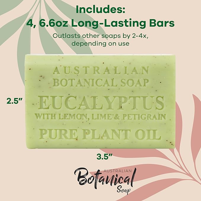 Australian Botanical Soap Eucalyptus with Lemon, Lime & Petitgrain – Triple Milled 6.6 oz Bar Soap with Shea Butter, Face Hand & Body Soap Bars, 4 Pack