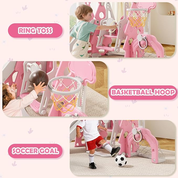KORIMEFA 6-in-1 Kids Slide and Swing Set, Toddler Slide with Basketball Hoop, Swing, Outdoor Indoor Playground for Toddlers 1-3 Pine Shape Design(6 in1-Pink)