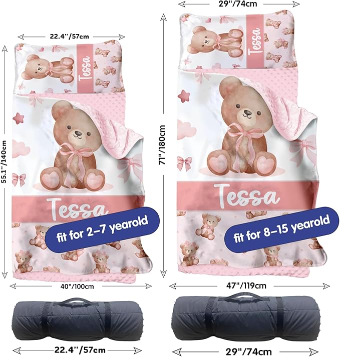 Personalized Toddler Nap Mat for Girls – Custom Name Kids Nap Mat – Daycare Sleeping Mats with Removable Pillow and Soft Minky Dot Blanket for Preschool, Travel, Kindergarten