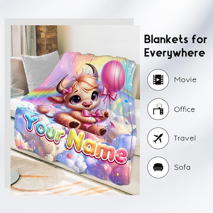Girls Blankets - Highland Cow Blanket Gifts - 4 Sizes Cozy Soft Flannel Throw for Couch, Office Bed