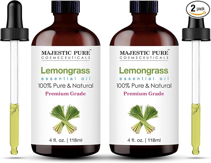 Majestic Pure Essential Oil with Glass Dropper - 100% Pure and Natural - Essential Oils for Diffuser, Aromatherapy, Soap and Candle Making, Lemongrass Essential Oil, Lemongrass Oil, 4 Fl Oz Pack of 2