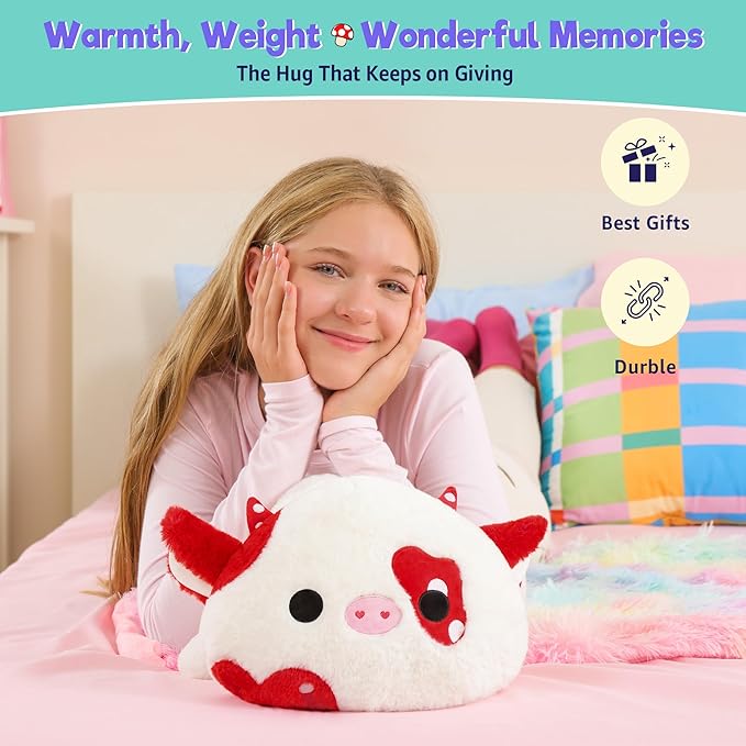 Onsoyours Original Weighted Mushroom Cow Stuffed Animals, 4.0 lbs Weighted Plush for Stress Relief - 20" Large Soft Cow Pillow Gifts for Kids & Adults