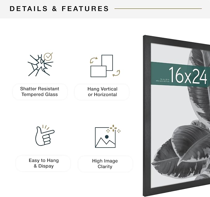 MCS Studio Gallery 16x24 Poster Frame Black Woodgrain Engineered Wood, Vertical & Horizontal Wall Hanging Large Picture Frame for Photos, Posters & Art Prints (1-Pack)
