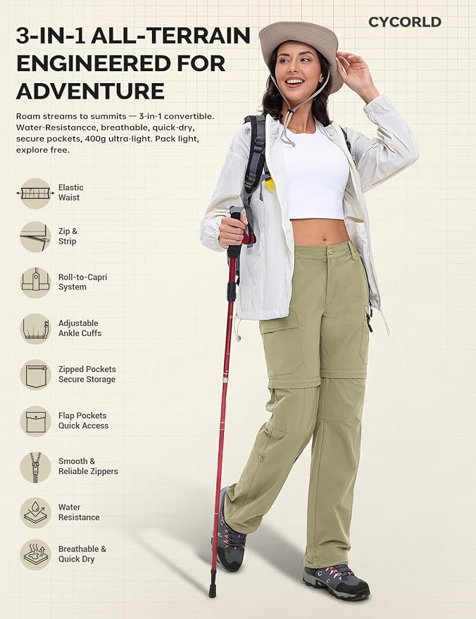 Cycorld Women's-Hiking-Pants-Convertible Quick-Dry-Stretch-Lightweight Zip-Off Outdoor Pants with 5 Deep Pockets