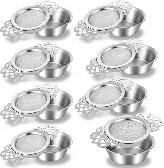 8 Pack Mesh Tea Filter Strainers, Stainless Metal Tea Infuser, Teas Steeper with Handle and Drip Bowl for Loose Teas, Sliver, 2.5 Inch