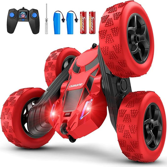 cosone Remote Control Car for Boys - Car Toy for Kids Age 6 7 8 9, 4WD 2.4Ghz Double Sided 360° Rotating RC Cars with Headlights, Christmas Birthday for Boys and Girls - Red