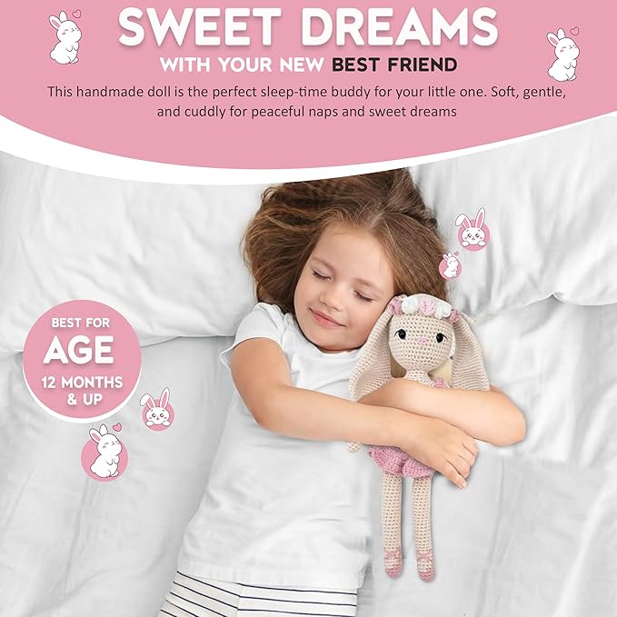 Binnies 11" Ballerina Doll - Stuffed Soft Bunny for Kids – Handmade Crochet Rabbit Toy – Long-Lasting Toddler Comfort Toy – Thoughtful Gift for Girls & Bunny Lovers