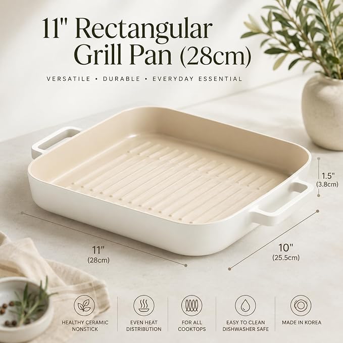 FIKA 11-Inch Ceramic Caoted BBQ Grill Pan with Handle, Nonstick Griddle Pan for Steak, Chicken, Fish & Vegetables, Induction Compatible, Oven & Dishwasher Safe, Made in Korea