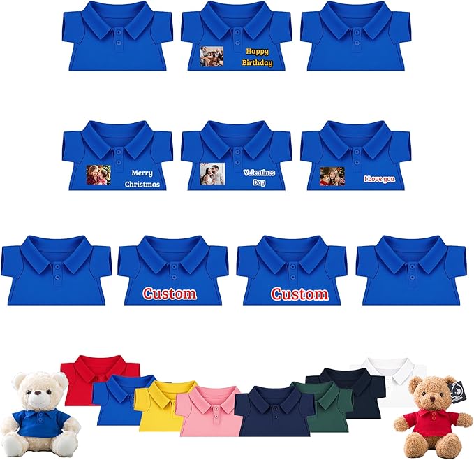 10 Pcs Personalized Teddy Bear Clothes with Text Photo, Custom Stuffed Animal Clothing Fit 8-16 inch Stuffed Bear Clothes for Teddy Bears, Doll Clothing Make Your Own Plush Doll Shirt