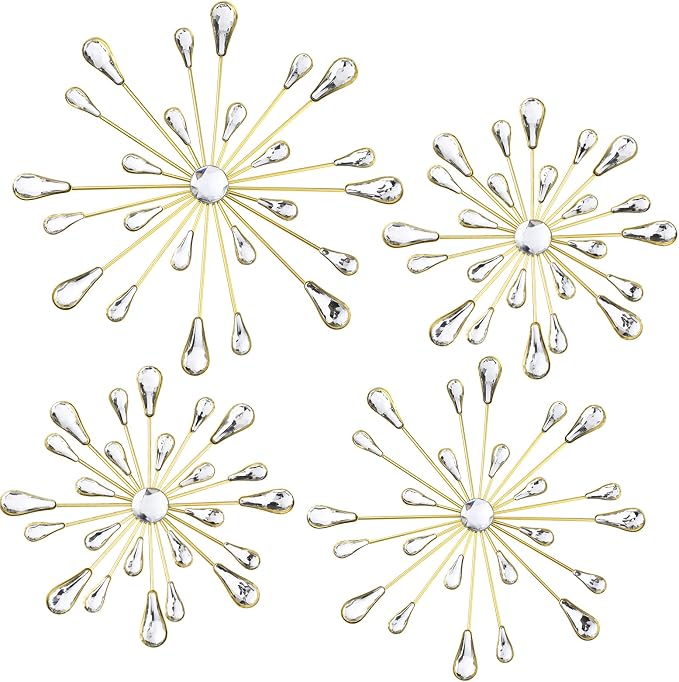 Hicarer 4 Pcs Starburst Wall Decor Bling Wall Art Crystal Teardrop 3D Hanging Rhinestone Radial Metal Artwork Modern Accent Sculptures Decorations for Living Room Home Office Bedroom(Gold)