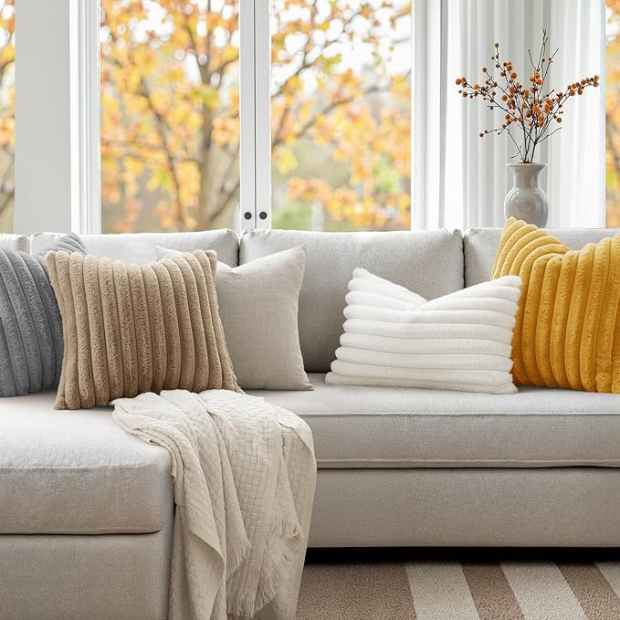 MIULEE Faux Fur Decorative Euro Sham Pillow Covers 24x24 Khaki 2 Pack | Modern Fall Soft Plush Couch Pillows, Cozy Fluffy Cushion Covers for Sofa Bed Living Room Home Decor
