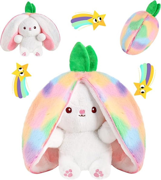 MIAODAM Strawberry Bunny Stuffed Animal, Iridescent & Strawberry Bunny Plush Turn Into Rabbit Fruit Doll, Plushies Funny Bunny Toy for Babies and Kids(10 inch)
