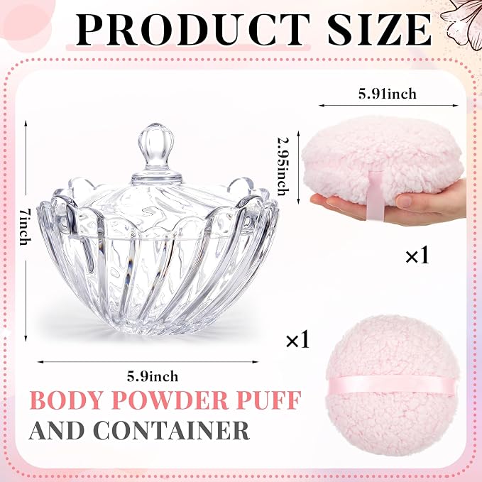 Tioncy 2 Pcs Extra Large Dusting Powder Puff and Container for Women-6'' Glass Crystal Dusting Powder Container Soft Washable Reusable Velour Face (Clear,Swirl)