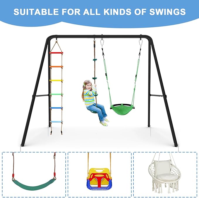 Swing Frame,2 Seats Swing Stand with Ground Stakes, Heavy Duty Thickened Metal A Stand Frame Supports up to 440lbs,for Indoor Outdoor Kids and Adults(Without Seat)